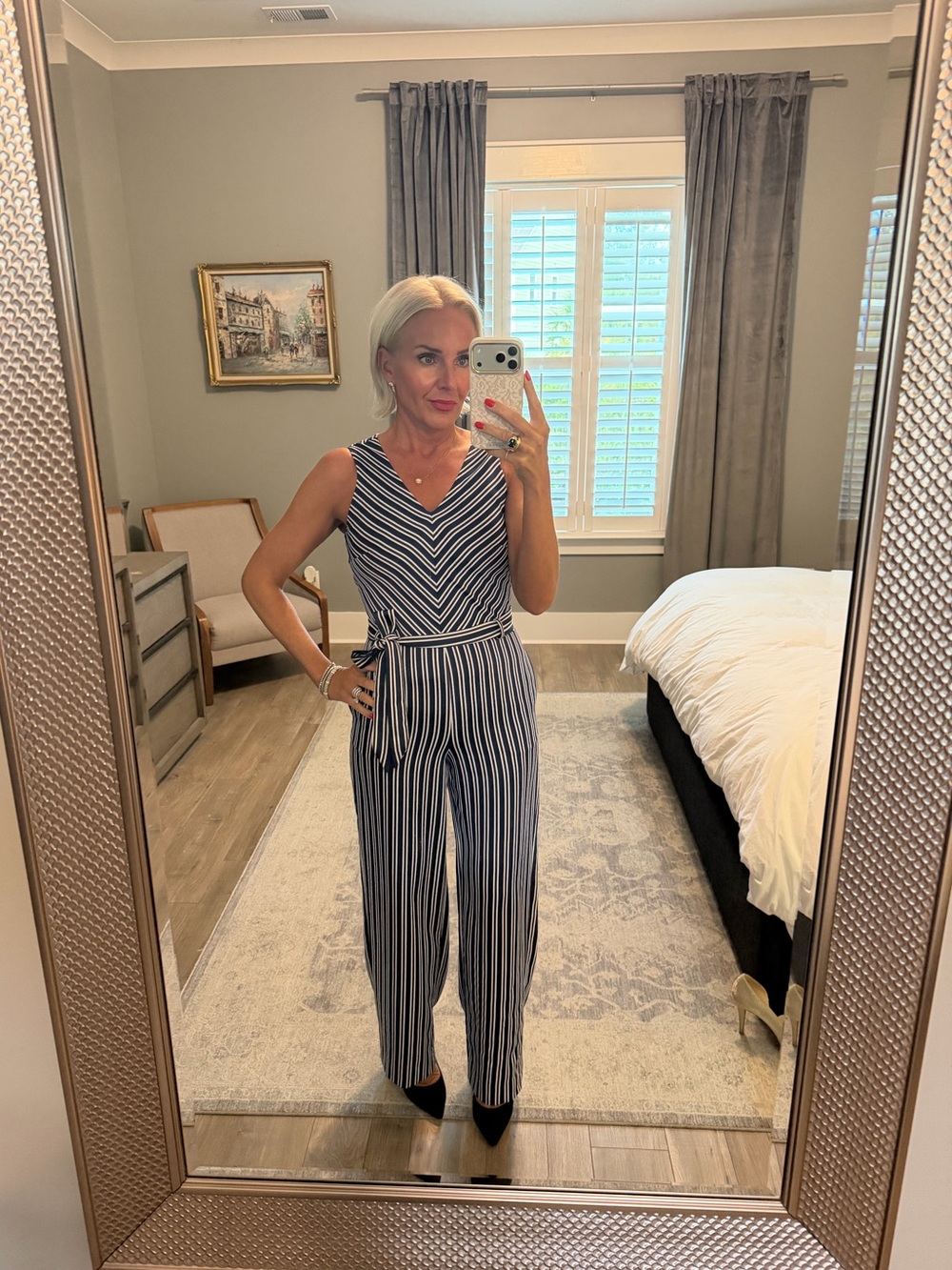 Banana Republic Navy and White Striped V-Neck Sleeveless Jumpsuit